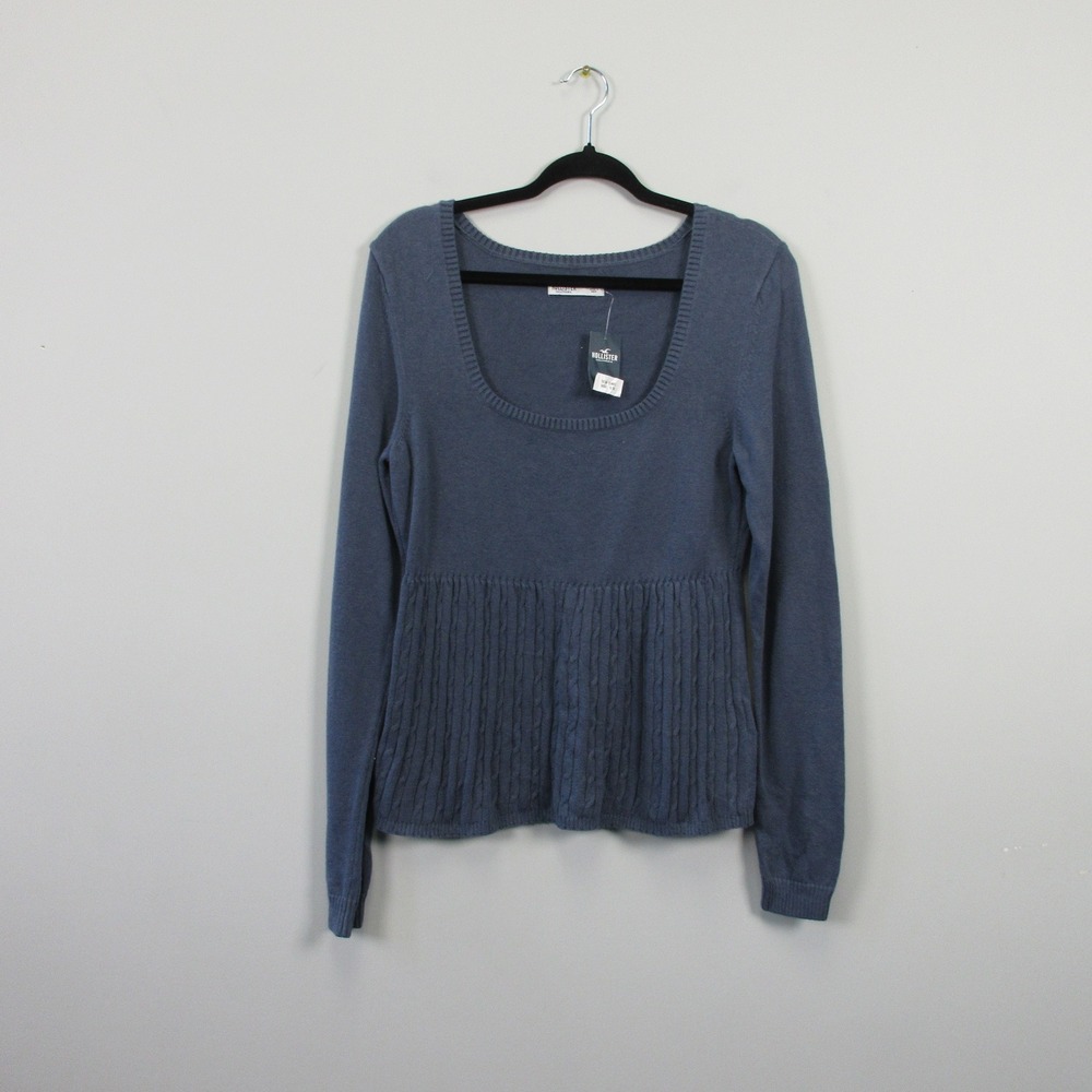 Hollister Knit Sweater Women L Blue Long Sleeve Scoop Neck Preppy Babydoll 342